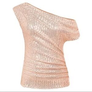 GRACE KARIN Rose Pink Sequin Off The Shoulder Top Size Small Sleeveless Solid